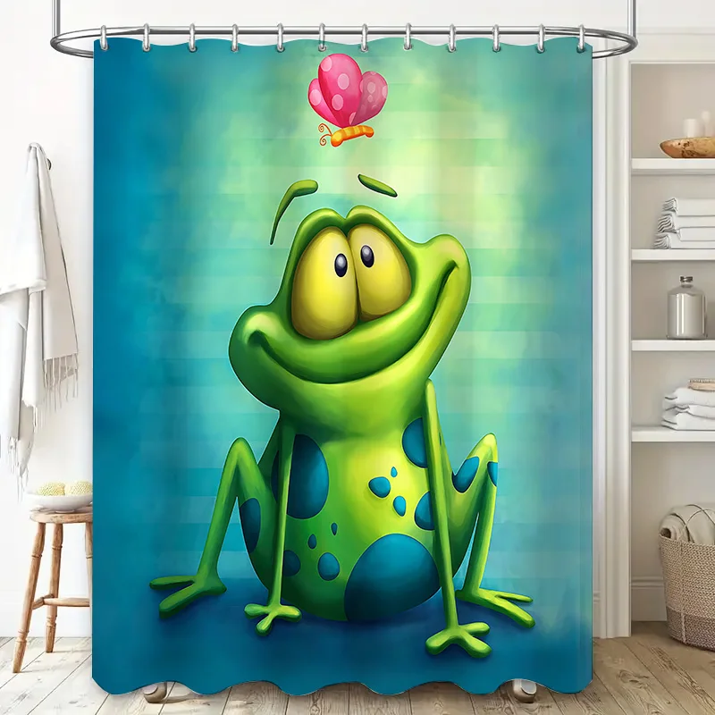 Cartoon Frog Pattern Waterproof Mold-proof Shower Curtain Cute Creative Bathroom Accessory for Home Use with  Complimentary hook
