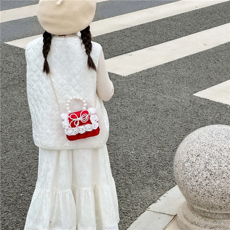 Fashion Design Square Mini Children\'s Shoulder Bag Sweet Bow Flower Girl Messenger Bags Luxury Pearl Handle Kid Change Purse