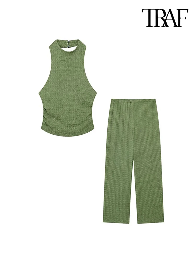 TRAF Women Fashion Elegant Solid Color Pleated Set Sexy Casual Camisole Top + High Waisted Wide Leg Pants Two Piece Set