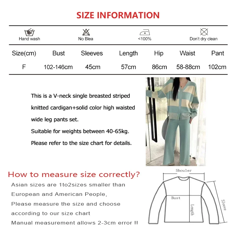 Women Fall Office Knit Two-piece Set V-neck Single Breasted Striped Cardigan+Solid High Waist Wide Leg Pants Winter Casual Suit