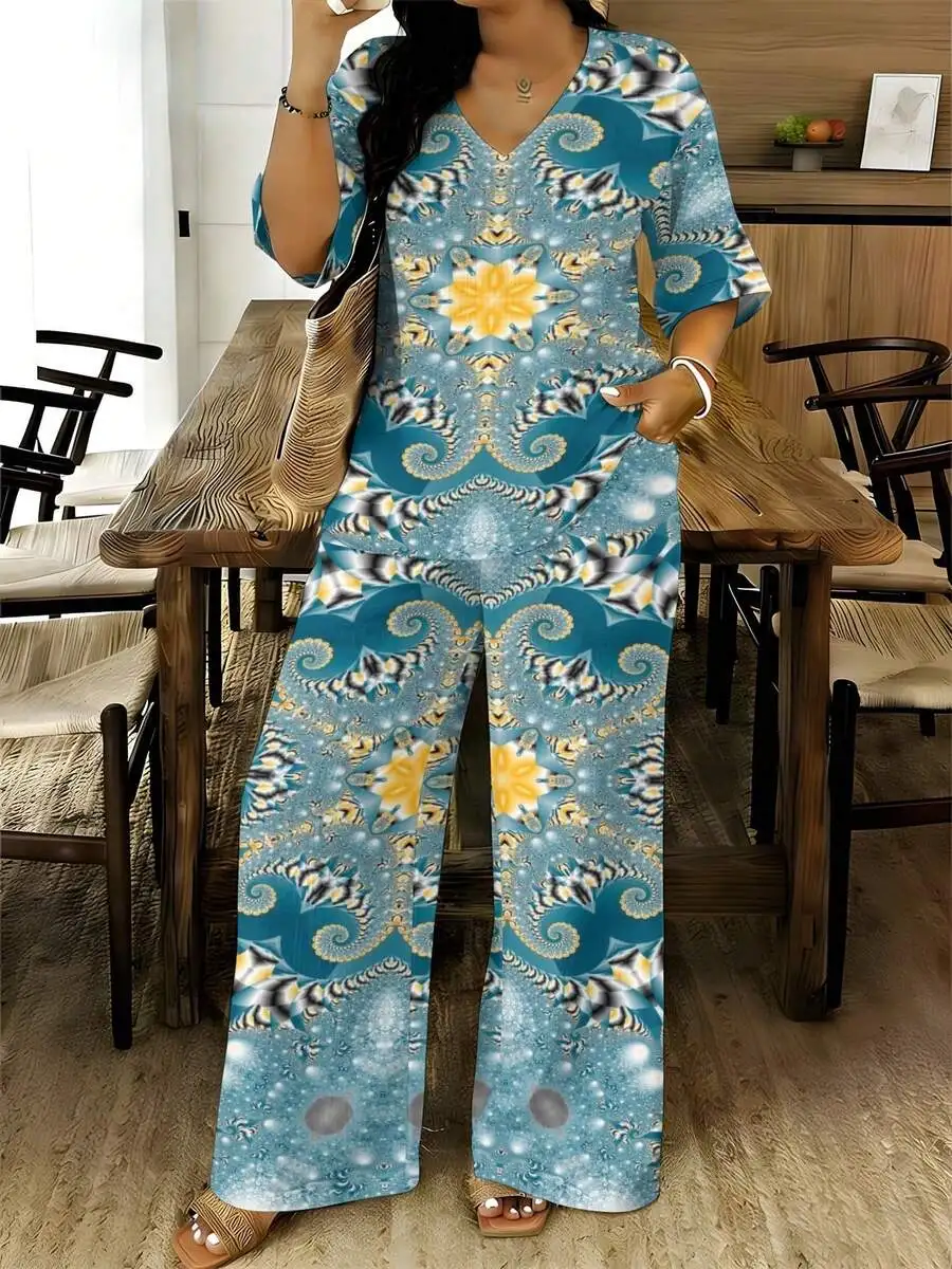 

Bohemian Style Womens Plus Size V-Neck Short Sleeve Long Pants Set Abstract Fractal Print Blue Yellow Summer Beach Wear