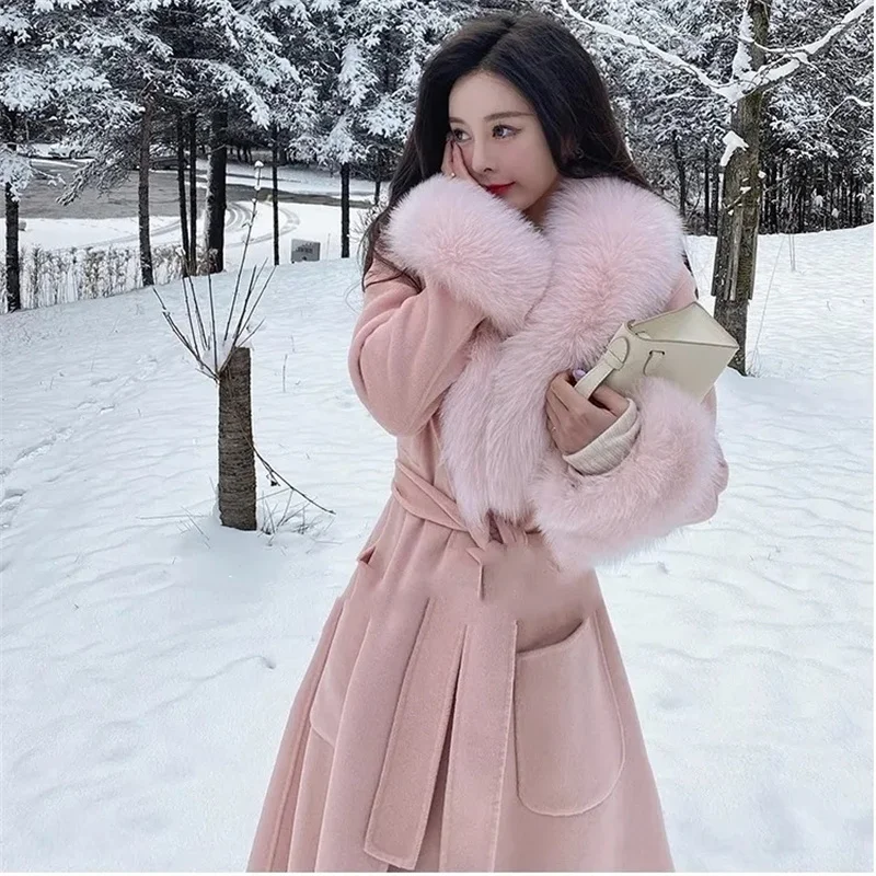 Woolen Collar Woolen Jacket Women 2024 New High-end Feeling Slimming and Lazy Style Long Sleeved Thickened Warm Mid Length Coat