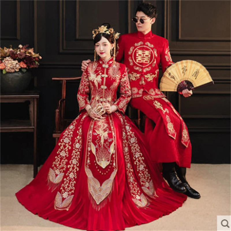 

Embroidery Dragon Phoenix Chinese Traditional Couple Wedding Suit Cheongsam Elegant Bride Vintage Qipao Dress китайская одежда