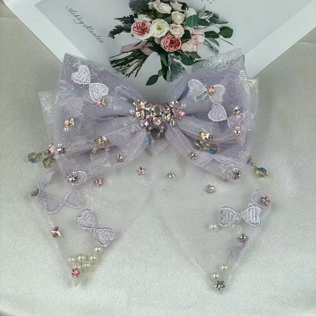 

Original Heavy-Duty Three-Layer Satin Rhinestone-Embellished Mesh Ribbon Bow Elegant Sweet Hair Accessory