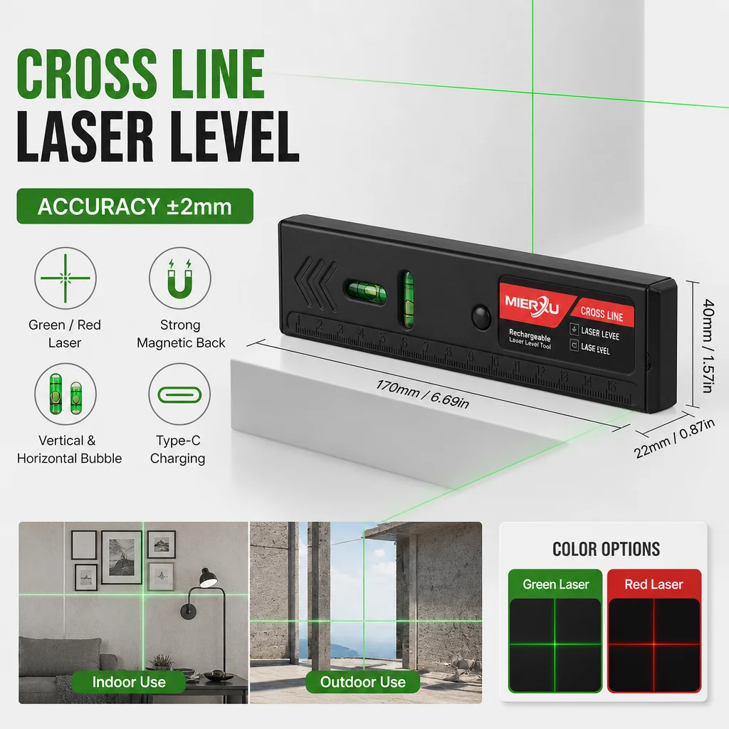 Cross Line Laser Level DC 5V Magnetic Back IP54 Dustproof Waterproof Horizontal Vertical Measuring Instrument Indoor Outdoor Use