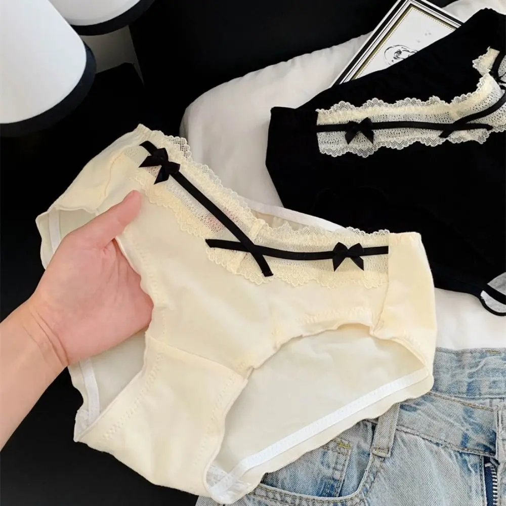

4Pcs Simple Ruffle Lace Bowknot Panties Cotton Crotch Underpants Sweet Briefs Mid Waist Underwear for Women Gifts