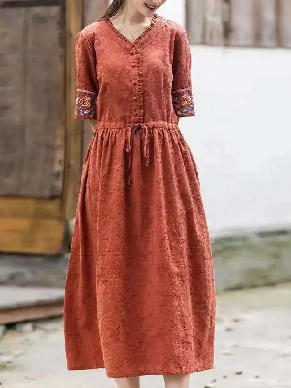 

Summer Jacquard Embroidered V-ne Dr Women's Loose Slim Fit A-line Skirt Cotton Linen Blend ort Sve Office Wear