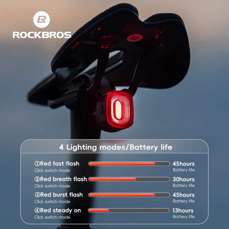 ROCKBROS Bicycle Smart Rear Light IPX6 Waterproof Brake Sensation Synchronized Tail Light Type-C Charge Light Bike Accessories