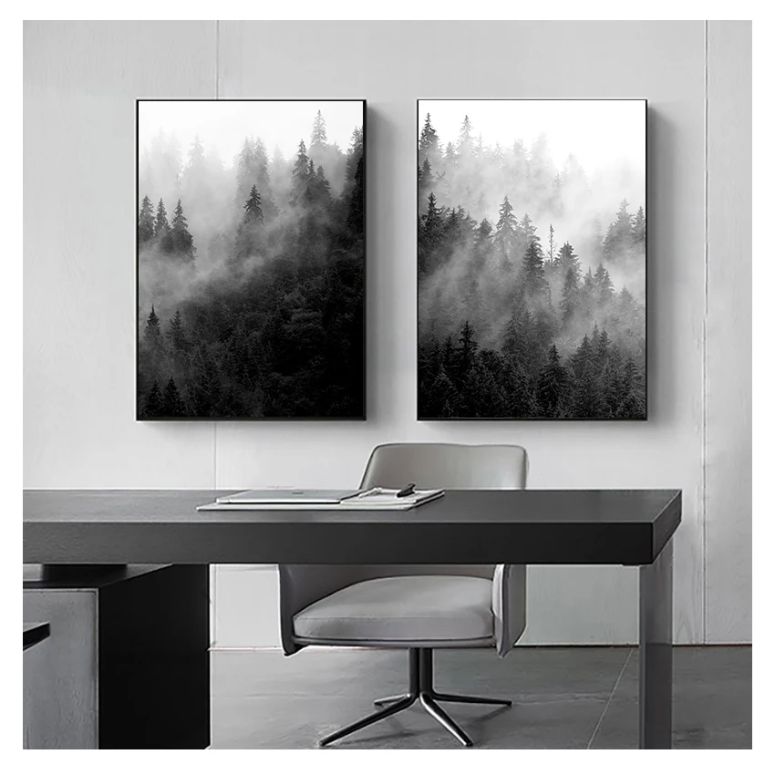 Black and White Tree Posters Foggy Forest Landscape Canvas Painting Wall Picture Living Room Decor Nature Prints Art