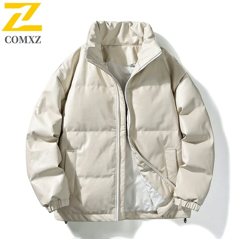 COMXZ Men Puffer Jacket Stand Collar Outdoor Snow Ski Windproof Warm PU Leather Coat Fashion Korean Fashion Autumn Winter Parkas