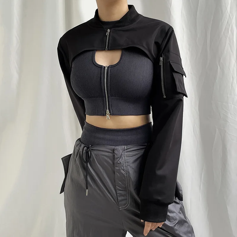HOUZHOU Techwear Versatile Long Sleeve Zipper Cropped Bomber Jacket with Solid Flap Pockets for Women Irregularly Aesthetic