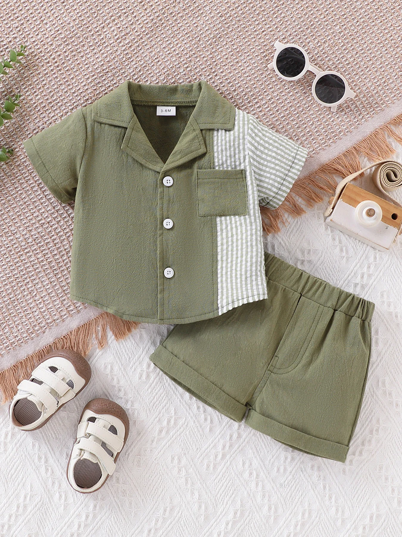 Baby Boy's Patchwork Striped Short-Sleeved Shirt and Shorts Set, Lightweight and Breathable, Summer Casual and Fashionable Outfit