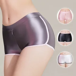 Glossy Low Waist Zipper Women Underwear Shorts Elastic Briefs Underpant Plus Size Boxer Panties