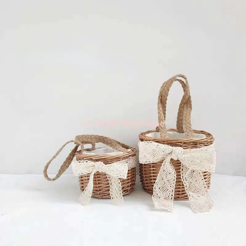 Mini Handmade Rattan Bucket Bag para Meninas, Tote de Cesta de Palha, Lace Bowknot Hand Bags, Cute Kids Mini Handbag, Baby Beach Bag