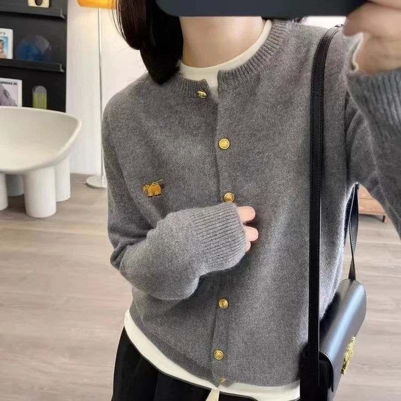 Autumn and Winter New 100% Merino Wool Sweater Women's Round neck Knitted Cardigan Casual Loose Top Fashionable Korean Shirt