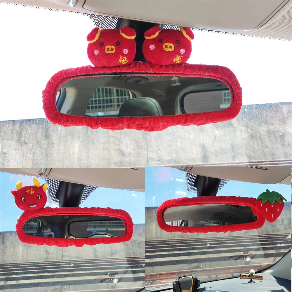 

Cartoon Fruit Strawberry Car Interior Rearview Mirror Cover Plush Auto Rear View Mirror Cover Decoration Accessories For Women a