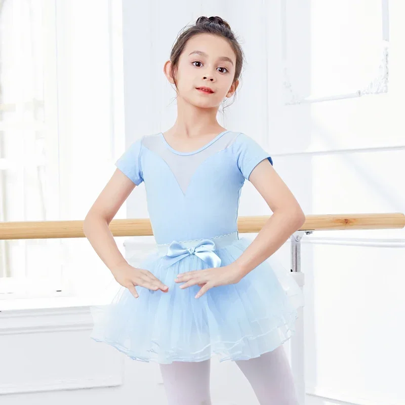 

Girls Ballet Leotard Gymnastics Bodysuit Mesh Splice Costumes Children Short Sleeve Chiffon Tutu Dress Kids Ballet Dance Wear