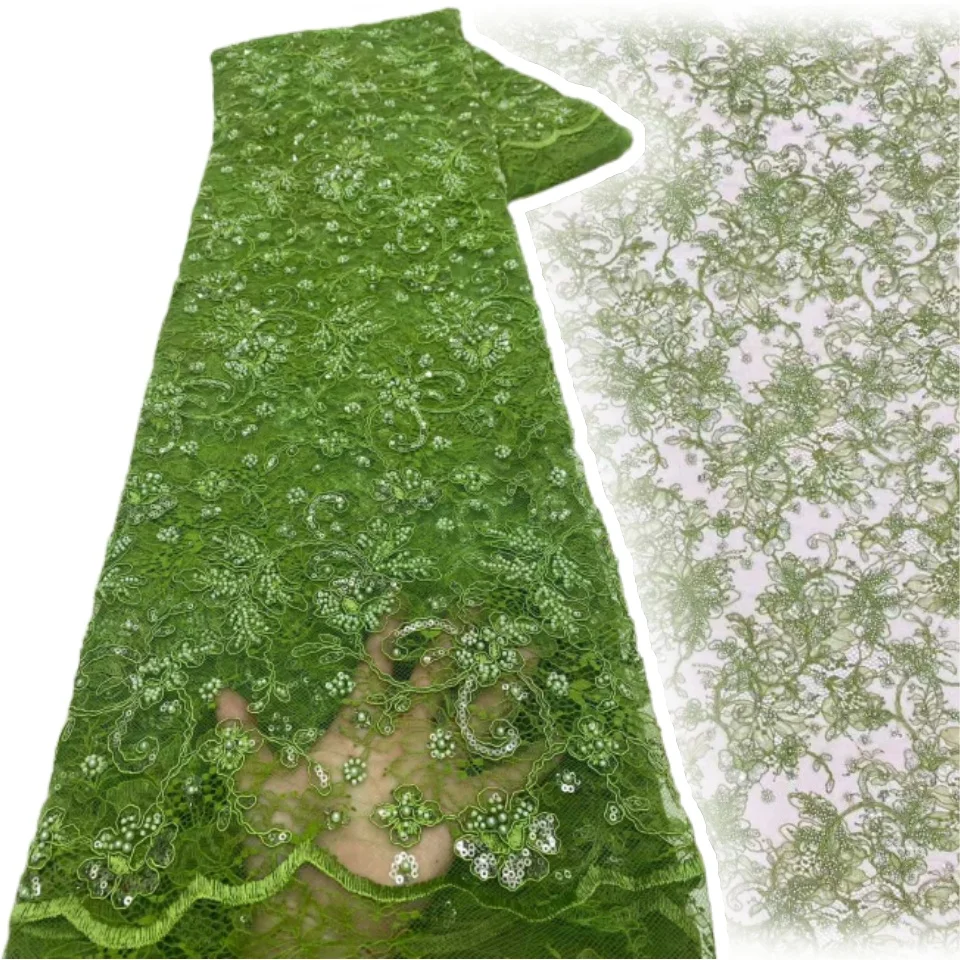 

Роскошная кружевная ткань зеленого цвета 2026, французская нигерийская кружевная ткань премиум-класса с блестками идеально подходит для свадебных платьев и вечерних платьев TP2125
