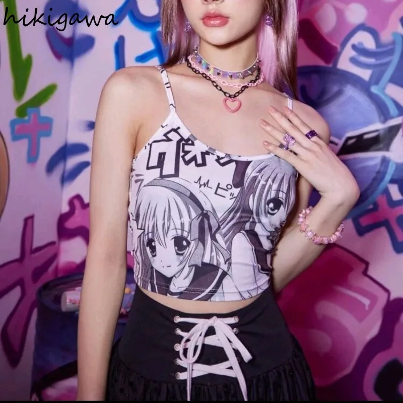 Cute Crop Top Women Japanese Anime Print Sexy Sling Vest 2024 Ropa Mujer Sleeveless Tunic Fashion Sweet Camis Summer Y2k Tanks