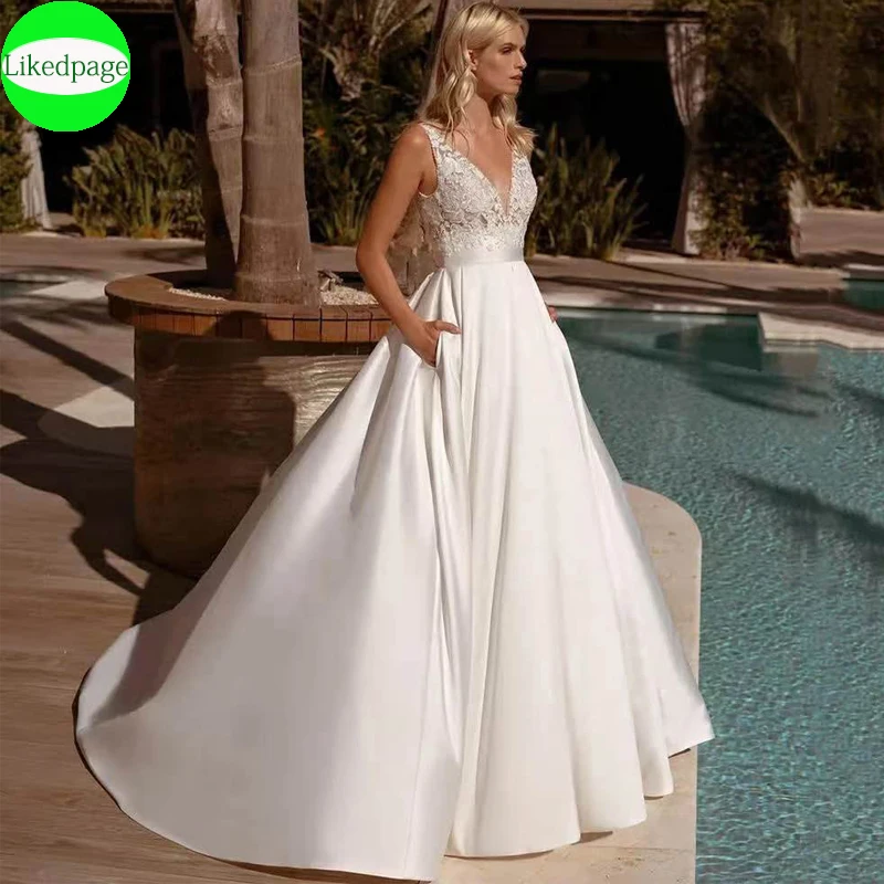 

Sleeveless Appliques Wedding Dresses For Women2023 Sexy Deep V-Neck Vestidos De Novia With Pockets A-Line Suknia Ślubna Mariée