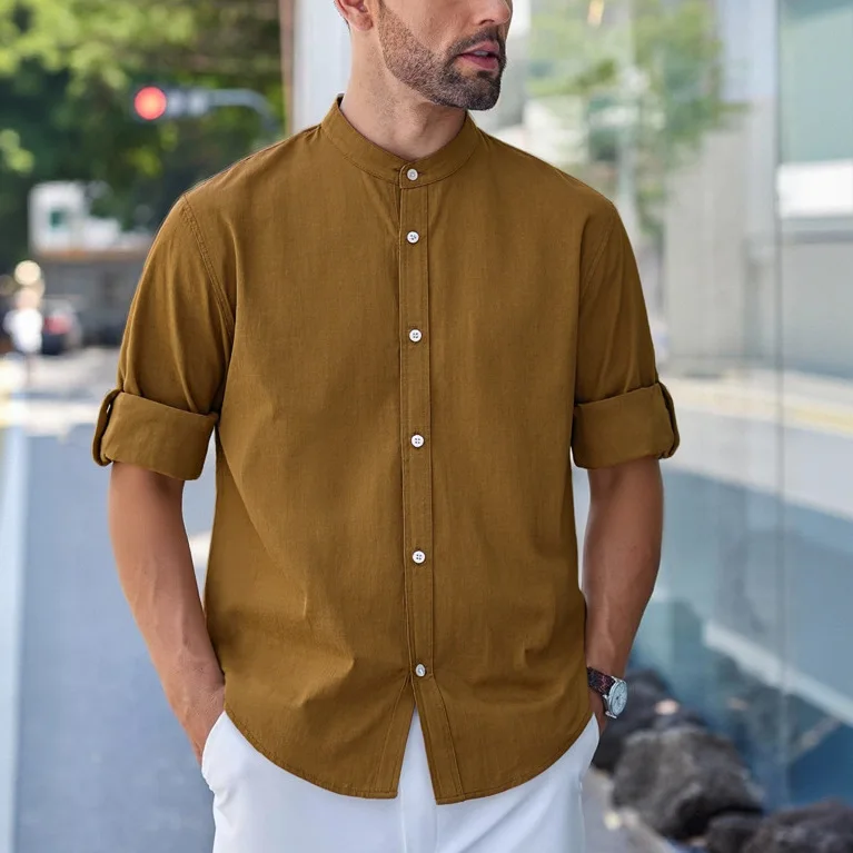 2026 New Stand-up Collar Long-sleeved Shirt Spring and Autumn Retro Solid Color Commuting Trend Sleeve Shirt Men