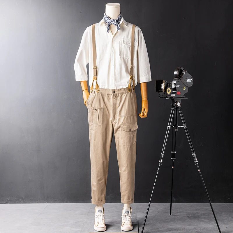 

Trendy Casual Workwear Pants Men's Removable Straps Slim Fit Small Foot Pants ex Strap Long Pants Cotton Youth Summer