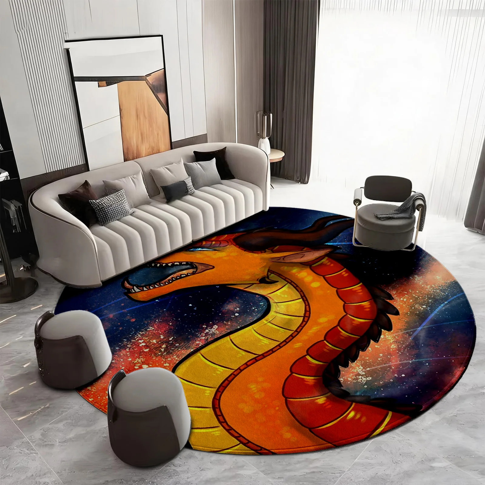 Large Round Galaxy Dragon Rug Modern Cosmic Space Animal Print Area Mat for Living Room Home Decor Accent Carpet