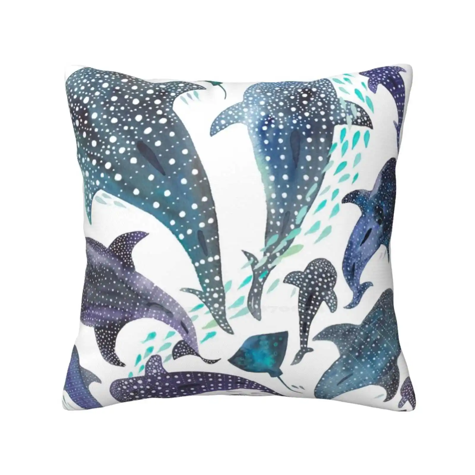 Whale Shark , Ray & Sea Creature Play Print Funny Cute Decor Square Pillowcase Watercolor Whale Shark Stingray Jellyfish Under