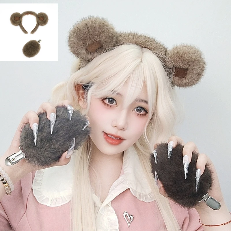 Copricapo per animali di Halloween Fascia per orecchie da orso Puntelli per spettacoli teatrali per feste Orso marrone Abito per coda di orecchie da orso nero