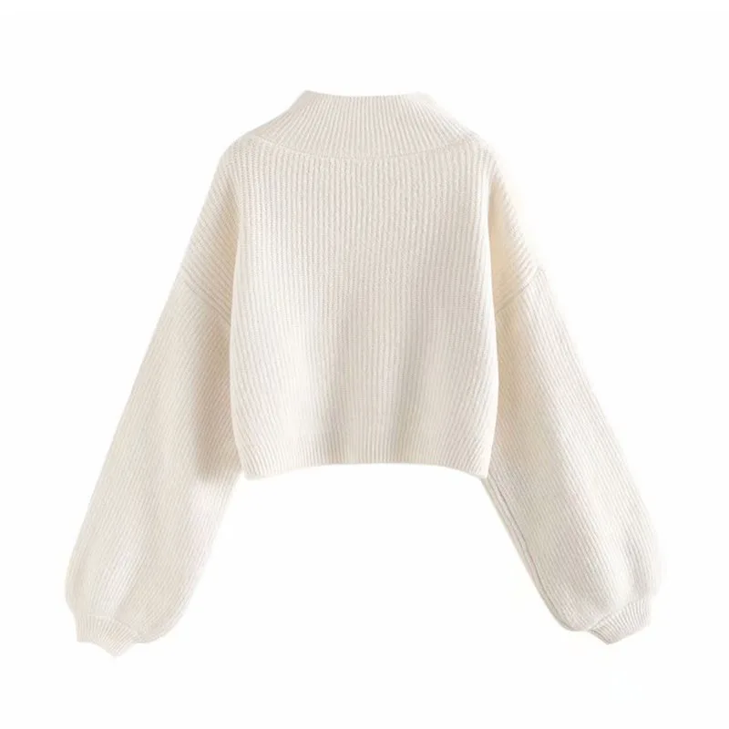 Autumn Winter Turtleneck Sweater Women Solid Color Lantern Sleeve Short Pullover Casual Warm Thick Knitted Shirt