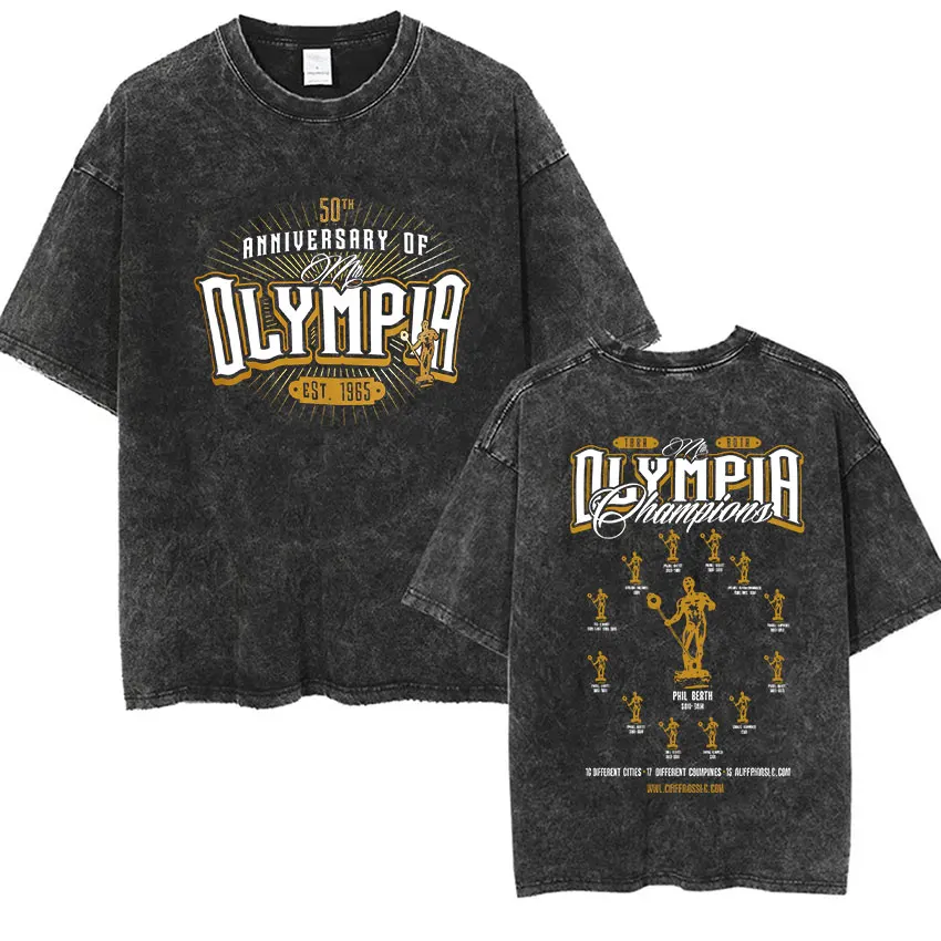 Vintage Washed Olympia Gym Fitness Pump Cover Print Tee Shirt Men's Classic Gothic Fashion Oversized Cotton T-shirts Streetwear