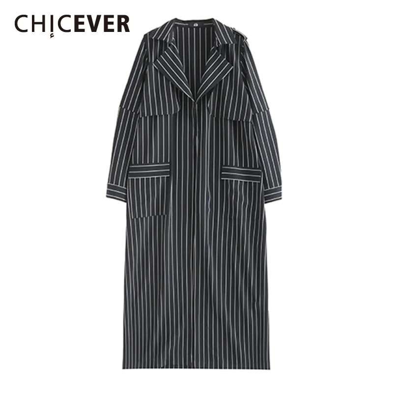 

CHICEVER Casual Colorblock Coat For Women Lapel Long Sleeve Striped Loose Trench Female Spring Clothing Fashion Designer New