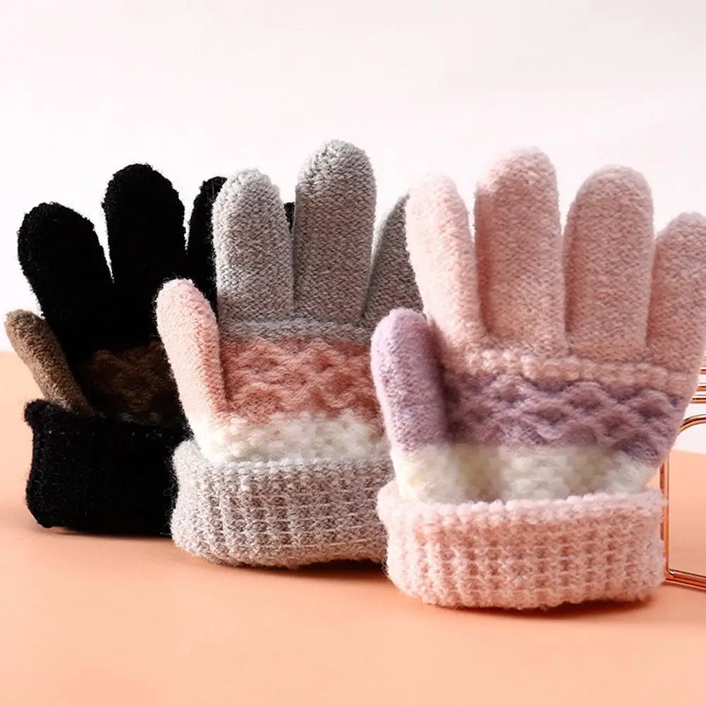 Winter Cute Striped Baby Warm Gloves Split-finger Kindergarten Boys Girls Kids Knitted Gloves For 3-8 Years Kids