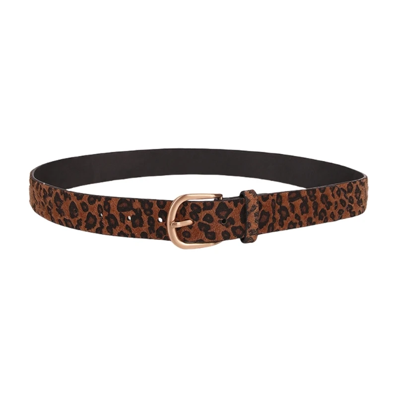 50JB Stylish Leopard Print Belt for Women and Girl Adjustable PU Leather Horsehair Belt Waist Accessory for Casual Formal