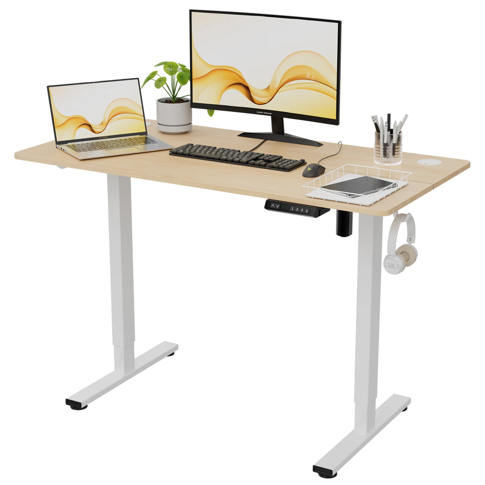 HOMAVO Height-Adjustable Desk 120 x 60 cm, Fast Charging USB-A/Type C, Electric Desk with Memory Function and Rebound Function,