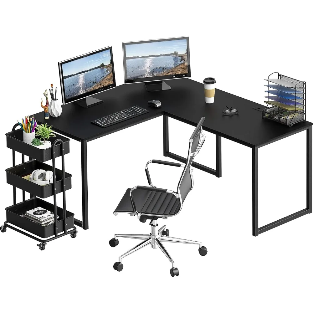 Mesa de computador de escritório de canto em forma de L de nível comercial de 55 x 60 polegadas, preta