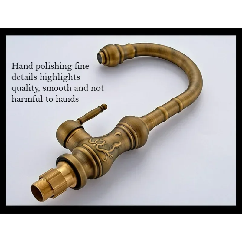 Antique Brass Deck Mounted Kitchen Faucet Single Handle Hot Cold Vessel Sink Mixer Tap 360 Degree Rotation for Kitchen Bathroom