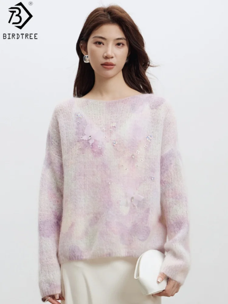 

Birdtree 26,6% овечья шерсть 30,5% мохеровый свитер, женский мягкий осенний свободный вязаный халат с длинными рукавами и бусинами для ногтей T58720JF