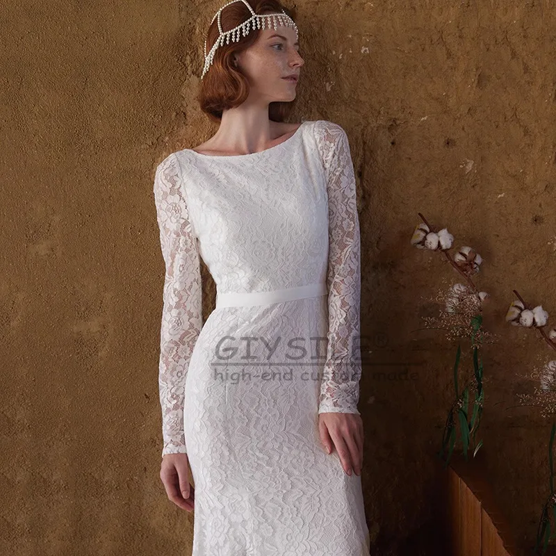 GIYSILE Gaun Pengantin Renda Retro Putih Kustom Gaun Putri Duyung Tali Pinggang Tipis Lengan Panjang Punggung Terbuka Seksi 2025 Mewah