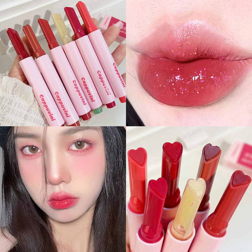 Brillo de labios sólido acuoso de larga duración, lápiz labial en forma de corazón ligero de agua, aceite transparente, esmalte de labios de gelatina, tinte coreano, maquillaje hidratante