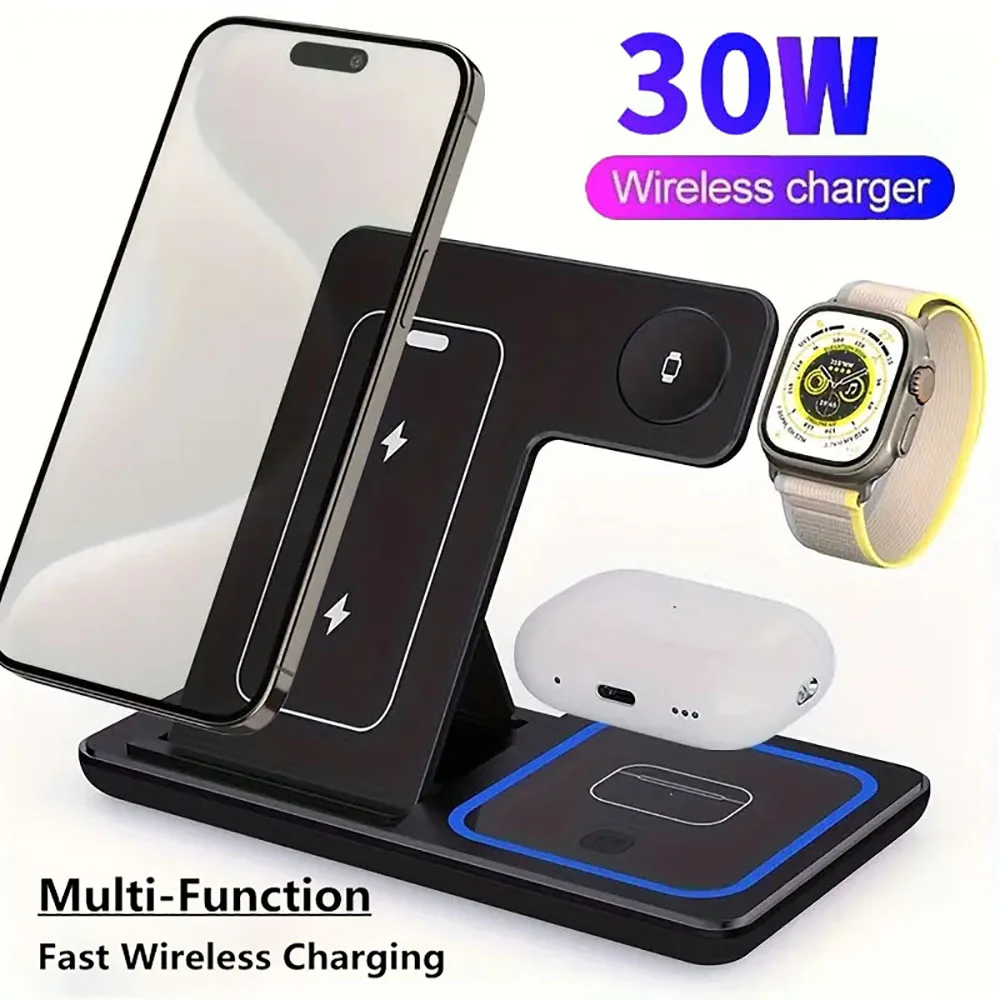 

30W LED Fast Wireless Charger Stand 3 in 1 Foldable Charging Station For iPhone 16 15 14 13 12 Apple Watch 9 8 7 6 5 Airpods Pro