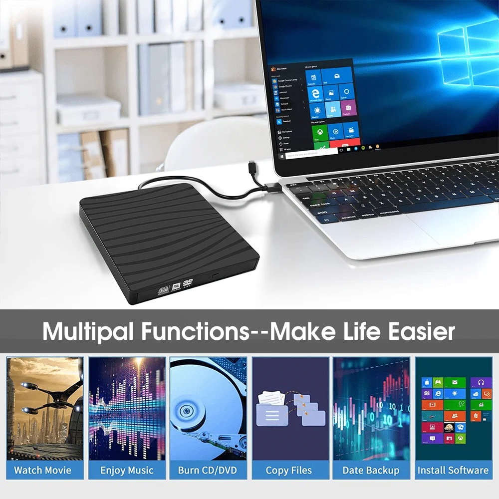 محرك أقراص CD/DVD خارجي لأجهزة الكمبيوتر المحمول ثنائي الرأس USB A/C 3.0 مشغل أقراص DVD محمول +/-RW قارئ CD ROM ناسخ القرص الكاتب