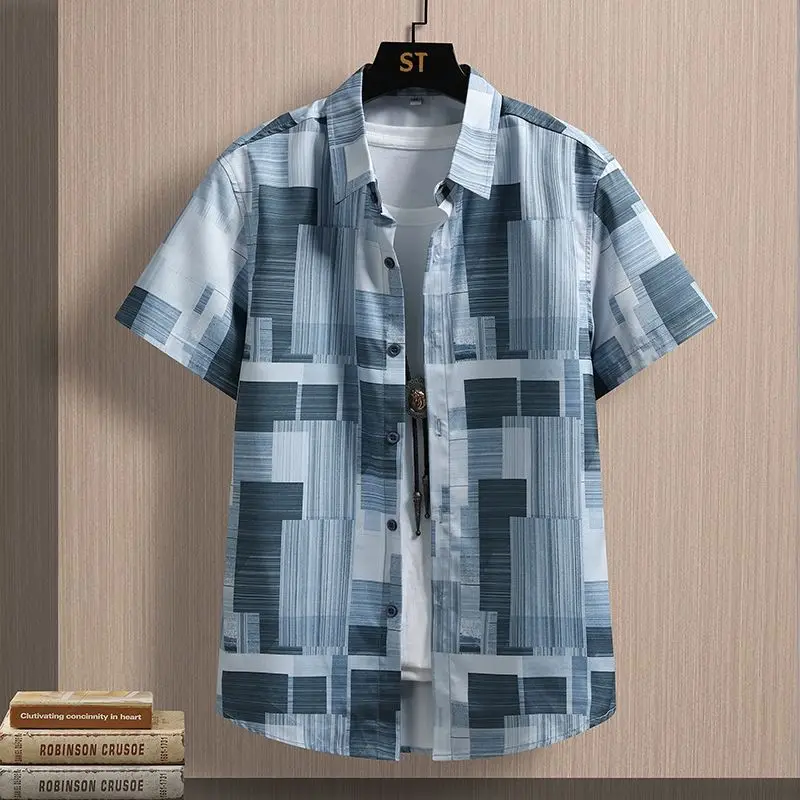 Simplicity Summer Shirts Ice Silk Men's Square Collar Striped Printing Pockets Single Breasted Fashion Loose Short Sleeve Tops