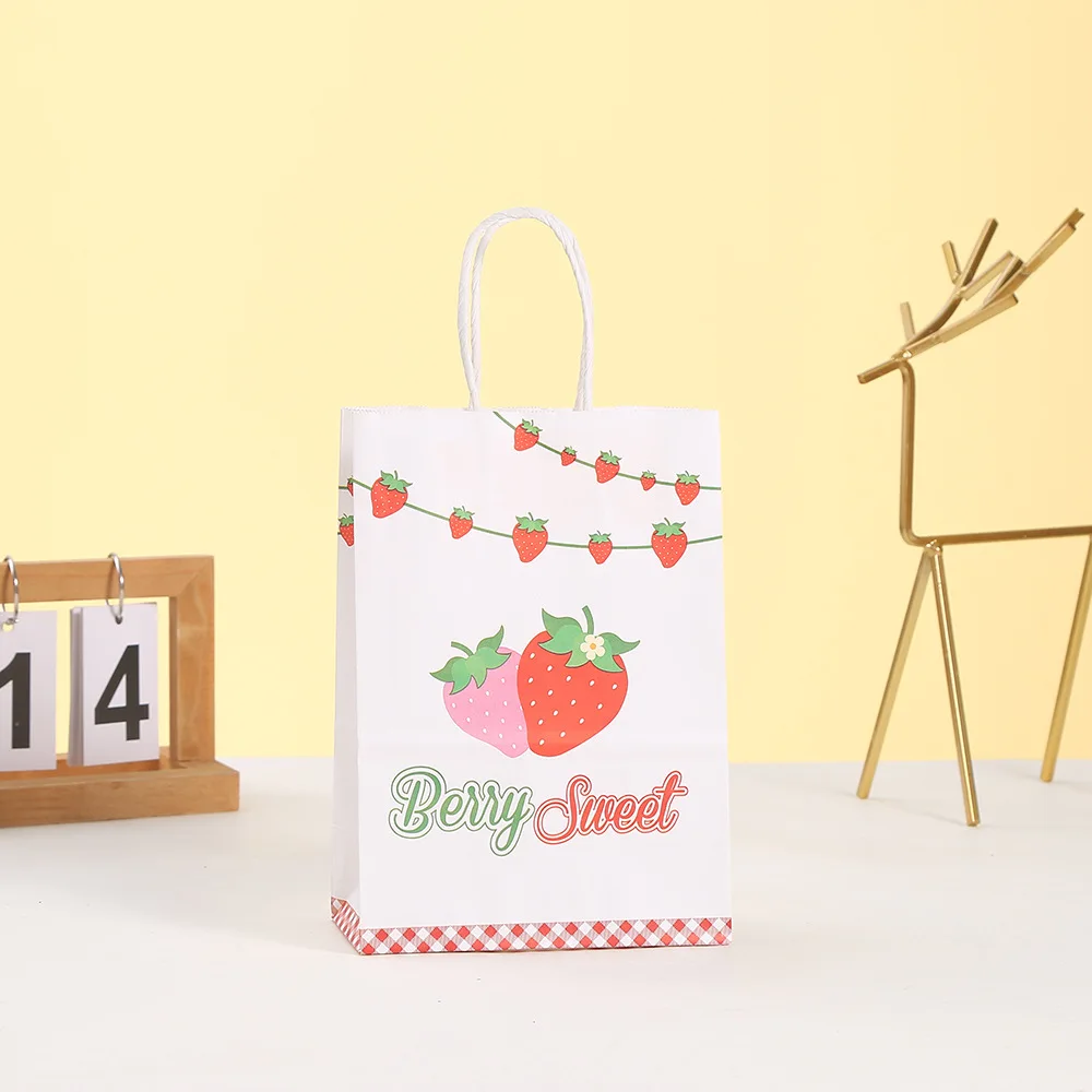 6pcs Sweet Strawberry Theme Paper Gift Packing Bags Cookie Candy Bag for Kids Girl Birthday Baby Shower Party Decoration