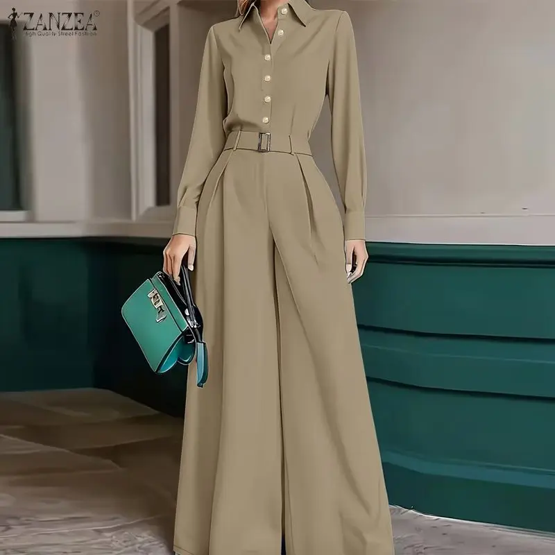 

Spring Outfits ZANZEA Stylish Lapel Neck Long Sleeve Shirt Trousers Suit Elegant Women OL Work Wide Leg Pant Sets 2 Pieces Sets