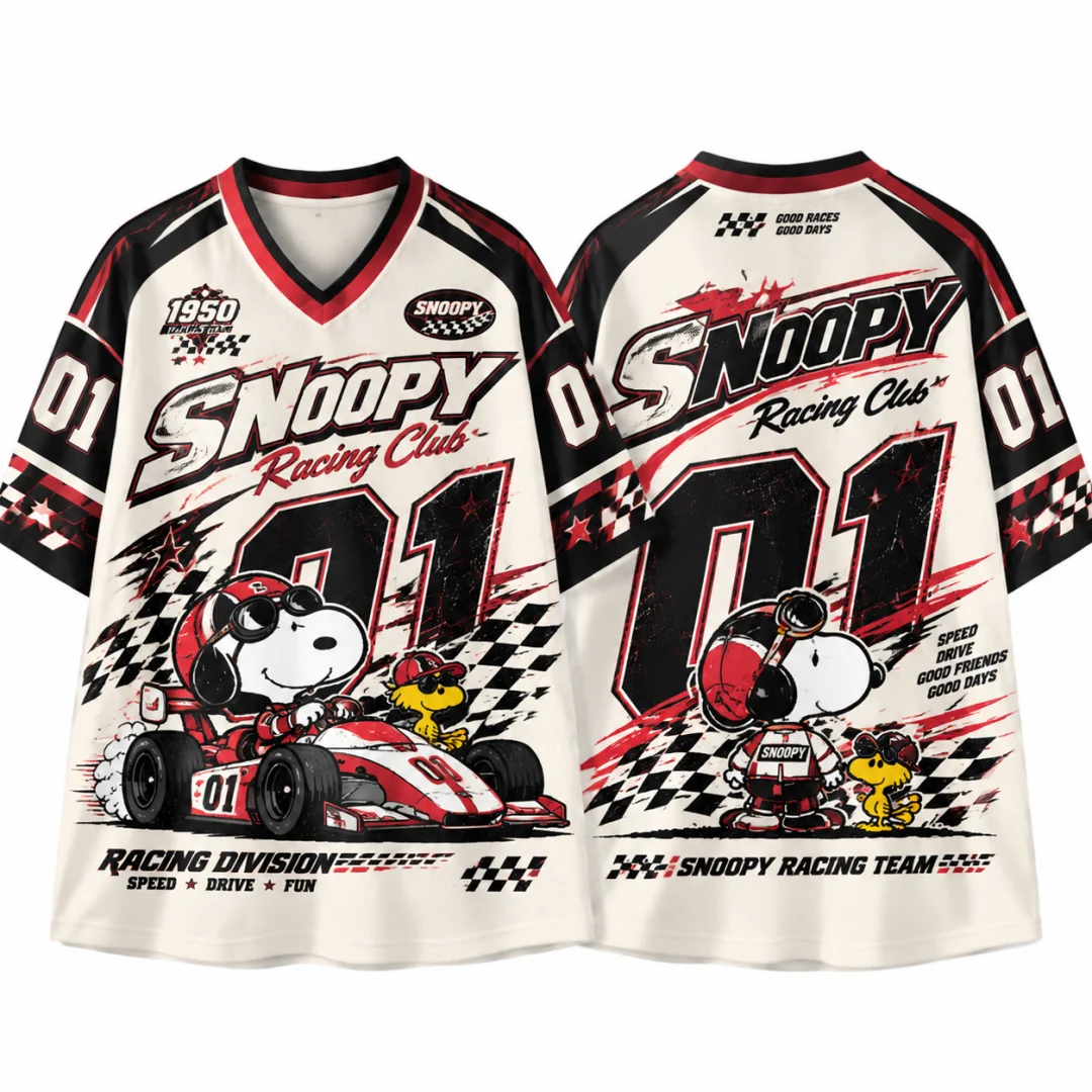 Snoopy Racing Club #01 Vintage Jersey T-shirt Kids & Adults Retro V-neck Short Sleeve Y2K Streetwear Cartoon Oversized Top