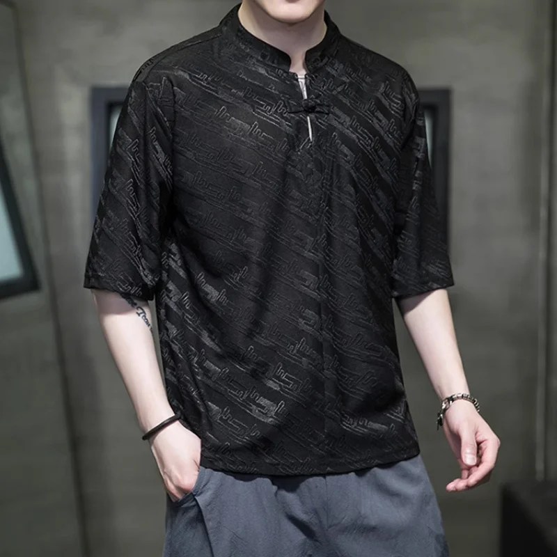 

Новая мужская футболка из ледяного шелка в китайском стиле, с коротким рукавом, V-образным вырезом, на пуговицах, свободного кроя, летняя, модная, трендовая, брендовая.