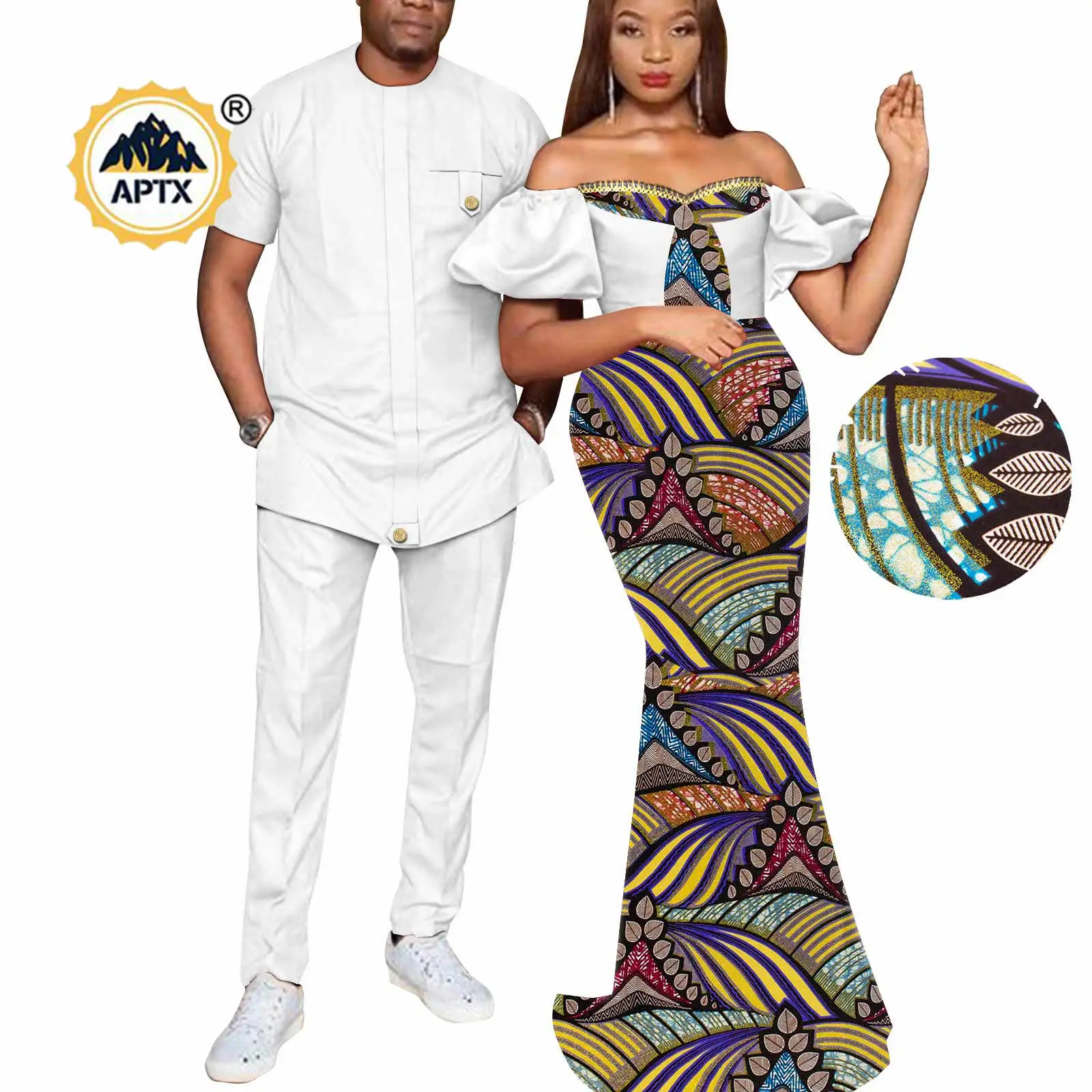 African Print Dresses for Women Matching Men Outfits Top and Pants Sets Bazin Riche Couples Clothes Wedding Party Wear Y22C073