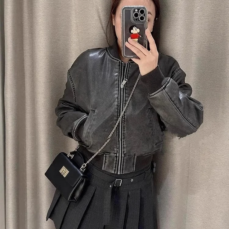 

Женская винтажная кожаная куртка-пилот WMXZ на осень-зиму с хлопковой подкладкой, повседневная, свободного кроя, с длинными рукавами, на молнии