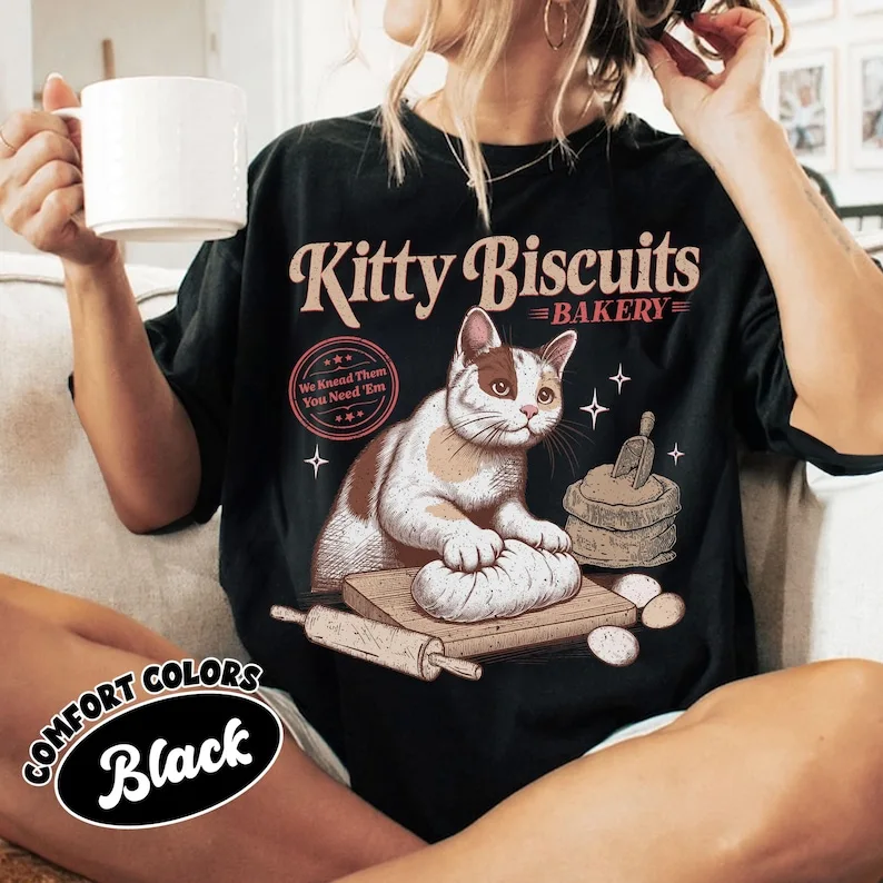 Cat Biscuit Maker Shirt, Retro Kitty Kneading T-Shirt, Cat Lover Gift, Baking Cat Shirt Designs, Kitty Biscuits Bakery Tee